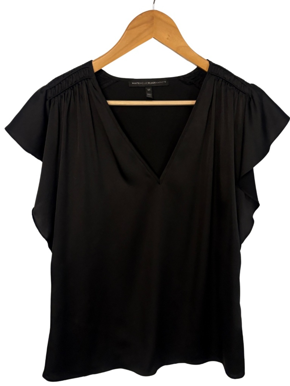 White House Black Market Black Blouse Flutter Sleeve V Neck Work Top XS